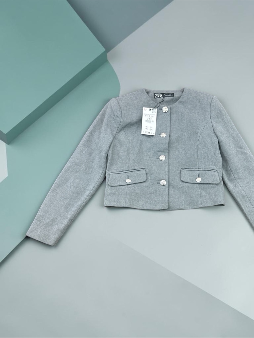 Zara Light Gray Cropped Round-Neck Button Blazer - Picture 3 of 8